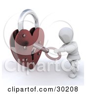 Poster, Art Print Of White Character Using A Skeleton Key To Unlock A Heart Shaped Padlock