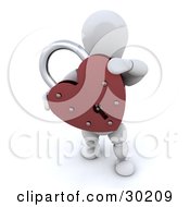 Poster, Art Print Of Romantic White Character Carrying A Locked Red Heart Shaped Padlock