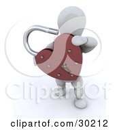 Poster, Art Print Of Romantic White Character Carrying An Unlocked Red Heart Shaped Padlock