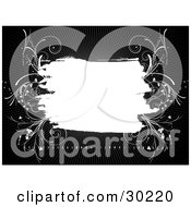 Clipart Illustration Of A Blank White Grunge Text Space Bordered With White Grasses On A Black Background With Rays Of Light