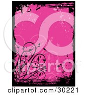 Pink Grunge Background With Splatters Bordered By Grunge Marks And Vines