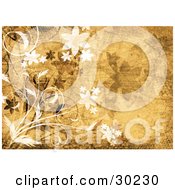 Poster, Art Print Of White And Brown Flowers On A Yellow Grunge Textured Background