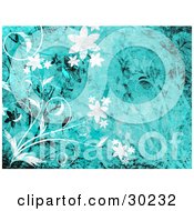 Clipart Illustration Of White And Black Flowers And Vines With Grunge Textures Over A Blue Background
