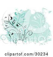 Clipart Illustration Of A Green Background With Silhouetted Black Green And White Butterflies And Plants Bordered By White Grunge