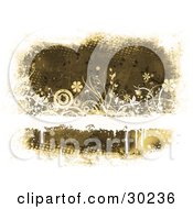 Clipart Illustration Of A Brown Grunge Background With A Blank White Text Bar With Dripping Paint Flowers Plants And Circles by KJ Pargeter
