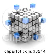 Poster, Art Print Of Blue Cubes Floating Outside A Large Cube Created With White Cubes Symbolizing Leadership And Individuality