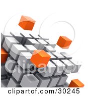 Poster, Art Print Of Orange Cubes Floating Outside A Large Cube Created With White Cubes Symbolizing Leadership And Individuality