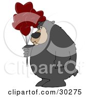 Poster, Art Print Of Big Bear Standing And Holding A Bunch Of Red Heart Shaped Valentines Day Balloons