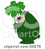 Poster, Art Print Of Big Green Bear Standing And Holding A Bunch Of Green Clover Saint Patricks Day Balloons