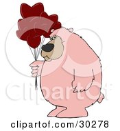 Poster, Art Print Of Big Pink Bear Standing And Holding A Bunch Of Red Heart Shaped Valentines Day Balloons