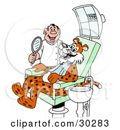 Clipart Illustration Of A Leopard Smiling And Showing His Fangs To A Happy Dentist In An Exam Room