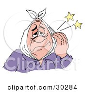 Clipart Illustration Of A Sore Old Man Touching His Cheek And Wearing A Cold Pack Around His Head Trying To Ease The Pain Of A Hurting Tooth by LaffToon