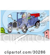 Poster, Art Print Of Happy Man And Woman Catching Air In Their Convertible Antique Car Pieces Of It Falling Off