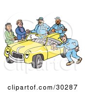 Group Of Friendly Mechanics Finishing Up Work On A Yellow Classic Convertible Car Owned By A Couple