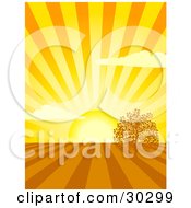 Clipart Illustration Of A Bright Yellow Sun Shining Rays Over Cultivated Farm Land With One Tree