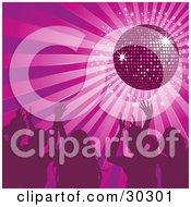 Poster, Art Print Of Group Of Silhouetted People Waving Their Hands In The Air And Dancing Under A Purple Disco Ball At A Party
