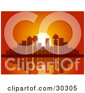 Poster, Art Print Of Red And Orange Sunset And Mosaic Patterned City Skyscraper Skyline Reflecting On Still Waters