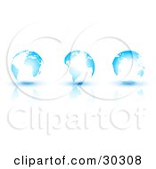 Clipart Illustration Of Three Bright White And Blue Globes On A Reflective Surface