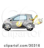 Poster, Art Print Of Gray Compact Electric Car With The Power Plug Haning Out