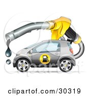 Poster, Art Print Of Large Dripping Fuel Nozzle Over A Gray Compact Gasoline Powered Car