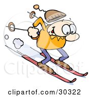 Happy Caucasian Guy Skiing Fast Downhill On Skis Holding Poles Behind Him His Cap Flying Off His Head