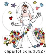 Poster, Art Print Of Beautiful Caucasian Bride In A White Gown And Gloves Wearing A Veil And Garland Surrounded By Flowers