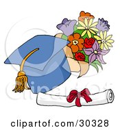 Poster, Art Print Of Blue Graduation Cap With A Yellow Tassel Resting By A Floral Bouquet And Diploma