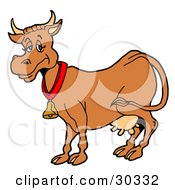 Poster, Art Print Of Happy Brown Dairy Cow With Full Udders Wearing A Bell Around Its Neck