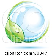 Clipart Illustration Of A Pre Made Logo Of A Dewy Green Leaf Circling A Blue Orb by beboy #COLLC30347-0058