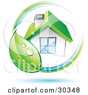 Pre-Made Logo Of Dewy Green Leaf Circling A Home With A Green Roof
