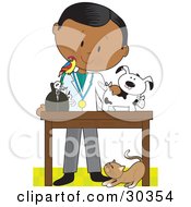 Black Male Veterinarian With A Bird On His Shoulder Bandaging Up An Injured Puppy A Cat At His Feet