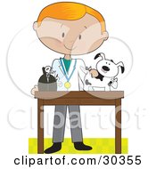 Poster, Art Print Of Blond White Male Veterinarian Bandaging Up An Injured Puppy