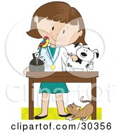 Poster, Art Print Of Cat At A White Female Veterinarians Feet As She Bandages Up A Puppy A Bird Perched On Her Shoulder
