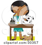 Clipart Illustration Of A Female Latina Veterinarian With A Bird On Her Shoulder Bandaging Up An Injured Puppy A Cat At Her Feet