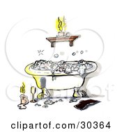 Clipart Illustration Of A Relaxing Claw Foot Tub With Frothy Bubble Bath Illuminated In Candlelight With A Book And Glass Of Wine by Spanky Art #COLLC30364-0019