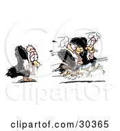 Clipart Illustration Of A Vulture Watching His Two Friends Wearing Chef Hats And Carrying A Knife And Fork Crashing While Landing To Eat Prey by Spanky Art #COLLC30365-0019
