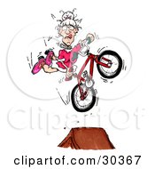 Clipart Illustration Of A Spunky Old Granny In A Pink Dress Doing A Seat Grab Stunt Trick While Catching Air Off Of A Ramp by Spanky Art #COLLC30367-0019
