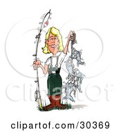 Clipart Illustration Of A Fishing Blond Caucasian Woman In Wading Gear Holding A Fishing Pole And A Rope Of Caught Fish