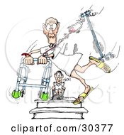 Clipart Illustration Of An Amazed Hospital Patient In A Wheelchair Watching A Friend Run Through The Halls With A Walker And Fluids by Spanky Art #COLLC30377-0019