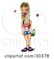 Clipart Illustration Of A Sexy Blond Woman Wearing Daisy Dukes Sandals And A Crop Top Carrying A Beverage And Grinning With Red Hearts by Spanky Art #COLLC30378-0019