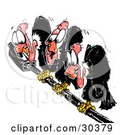 Clipart Illustration Of Three Black Anxious Buzzards Perched On A Cable Hoping For Some Road Kill