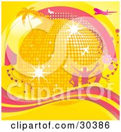 Poster, Art Print Of Golden Disco Ball Surrounded By Palm Trees Sunshine Silhouetted People Flowers Airplanes And Butterflies And A Wave Of Pink And Yellow