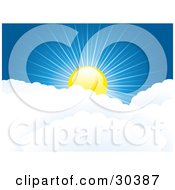 Shiny Yellow Sun Peaking Over Puffy White Clouds With Rays Of Light Cast Through The Deep Blue Sky