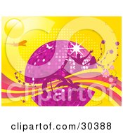 Poster, Art Print Of Purple Disco Ball Surrounded By Silhouetted Pink People Flowers And Palm Trees With An Airplane And Butterflies On A Yellow Background