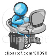 Poster, Art Print Of Light Blue Man Sitting At A Round Table And Using A Desktop Computer On A White Background
