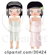 Clipart Illustration Of Two Black Haired Female Paper Dolls In Formal White And Pink Prom Or Wedding Dresses And Gowns One Girl Wearing A Tiara And Gloves