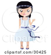 Friendly Black Haired Caucasian Girl With Flowers In Her Hair Waving And Wearing A Pretty Blue Dress