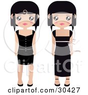 Clipart Illustration Of Two Black Haired Female Paper Formal And Casual Black Dresses One Long And One Short by Melisende Vector