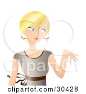 Clipart Illustration Of A Beautiful Blond Woman In A Brown Dress Presenting Her New Engagement Ring To A Friend by Melisende Vector