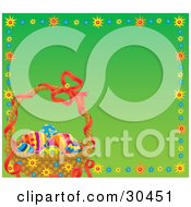 Poster, Art Print Of Basket Of Easter Eggs With A Red Ribbon In The Corner Of A Green Background Bordered By Colorful Bursts